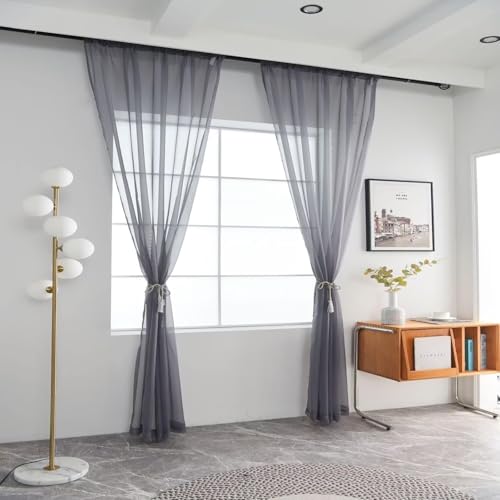 Basic Rod Pocket Sheer Voile Window Curtain Panels Grey 1 Pair 2 Panels 52 Width 36 Inch Long for Kitchen Bedroom Children Living Room Yard（Grey (Grey / 52"W x 36"L (Pack of 2))