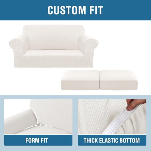 3 Piece Stretch Sofa Covers for 2 Cushion Loveseat Couch Covers for Living Room Sofa (Medium / Porcelain White)