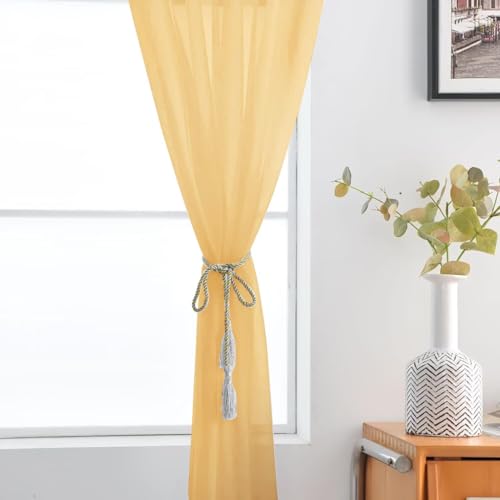 Basic Rod Pocket Sheer Voile Window Curtain Panels Gold 1 Pair 2 Panels 52 Width 72 Inch Long for Kitchen Bedroom Children Living Room Yard（Gold (Gold / 52"W x 72"L (Pack of 2))