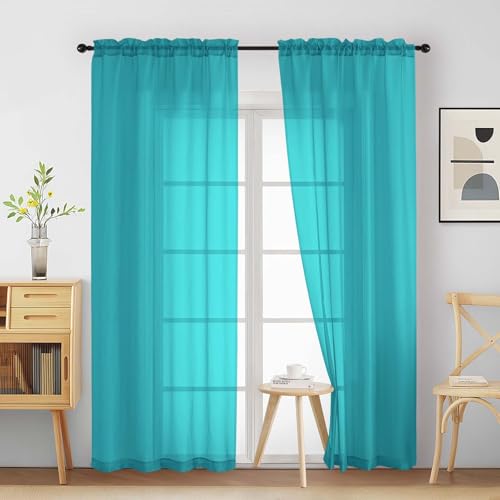 Turquoise Sheer Curtains 90 Inches Long 2 Panels (42"W x 90"L (Pack of 2) / Turquoise)