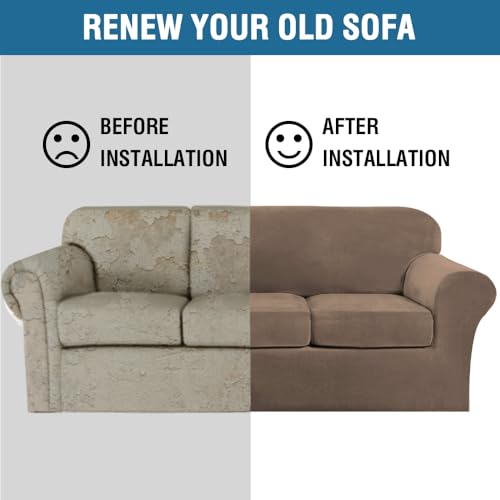 Modern Velvet Plush 4 Piece High Stretch Sofa Slipcover Furniture Protector Form Fit Velvet Extra Large Sofa Cover for 3 Cushion Couch Width Up to 105 Inch (3 Cushion XL Sofa / Mocha)