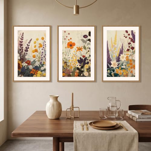 Large Retro Boho Vibrant Floral Framed Canvas Wall Art Set (Colorful Floral Wall Art / 24"L x 36"W)