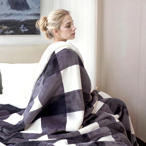 Sherpa Blanket Fleece Throw Blanket Twin Plaid Thick Bed Blanket (Dark Grey Checkered / 60"*80")