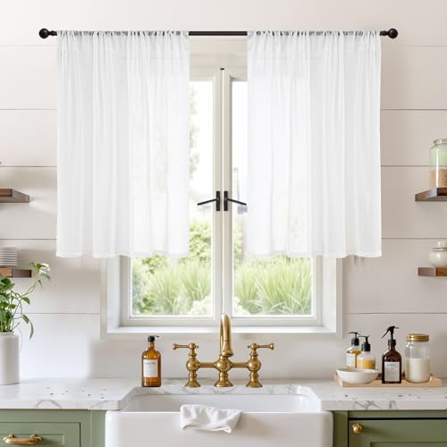 White Linen Cafe Curtains 36 Inch Length for Kitchen Window Over Sink (White / 42"W x 36"L (Pack of 2))