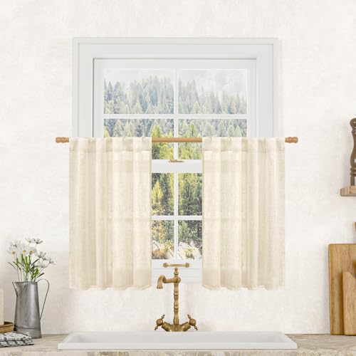 Semi Sheer Beige Linen Curtains 36 Inch Length for Small Window (Beige / 25"W x 36"L (Pack of 2))