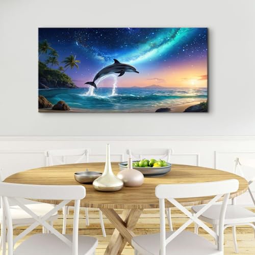 Blue Ocean Wall Art Dolphin Pictures Wall Decor Colorful Galaxy Nebula Starry Canvas Prints Painting Palm Tree Poster Modern Animal Seascape Artwork for Bedroom Living Room Home Decoration 24x48” (48"L x 24"W / Galaxy)
