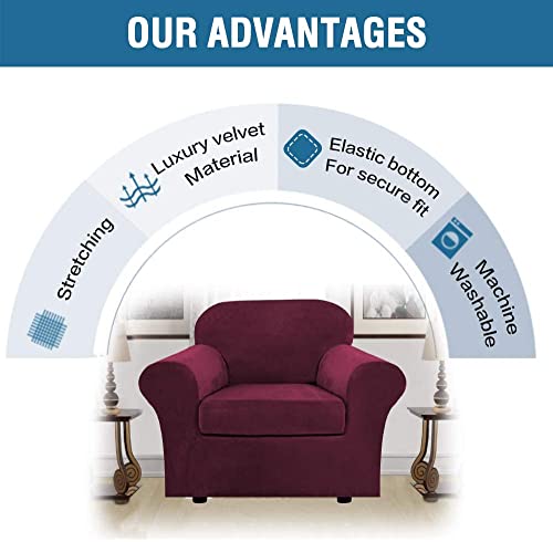 Rich Velvet Stretch 2 Piece Cover Chair Slipcover Sofa Cover Furniture Protector Couch Soft with Elastic Bottom Chair Couch Cover with Arms Width Up to 49 Inch (1 Cushion Chair / Wine/Burgundy)