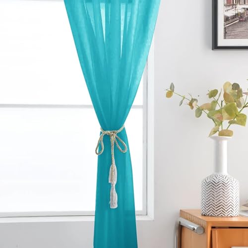 Sheer Voile Window Treatment Rod Pocket Curtain Panels for Kitchen Bedroom Living Room Drapes Sunlight Filtering Privacy Semi Home Decor Assorted (Peacock Blue / 52"W x 90"L (Pack of 2))