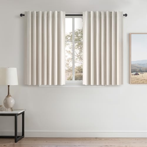 Short Linen Blackout Curtain Tiers 48 Inches Long 2 Panels Set Ivory Birch Thick Linen Texture Curtain Drapes for Small Window Heat Blocking Thermal Insulated Kitchen Bathroom Basement loft (Birch / 52"W x 48"L (Pack of 2))
