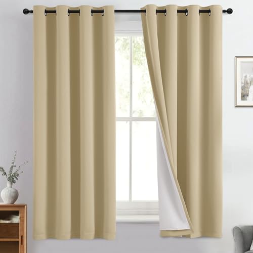Beige 100% Blackout Curtains 63 Inches Long for Bedroom 50" Wide (50"W x 63"L (Pack of 2) / Beige With White Backing)