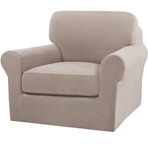 2 Piece Chair Covers Chair Slipcovers for Living Room Armchair Couch Cover Chair Sofa Cover with Individual Cushion Covers Furniture Cover for Chairs Feature Jacquard Fabric (Armchair (1 Cushion) / Sand)