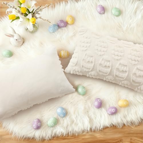 Cream White Faux Fur Egg Throw Pillow Covers 12x20 Set of 2 (20" x 12" (Pack of 2) / Eggs Cream White)