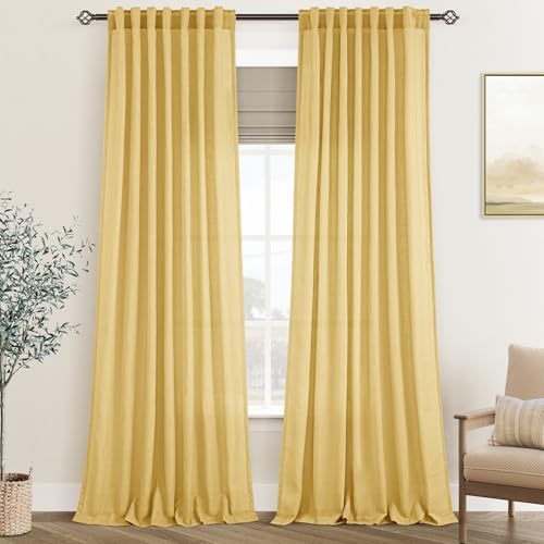 Gold Curtains for Living Room Back Tab Modern Farmhouse Semi Sheer Curtains 96 inches Long 2 Panels Set Muted Neutral Window Curtain for Dining Room Bedroom 52x96 (Rich Gold / 52"W x 96"L (Pack of 2))
