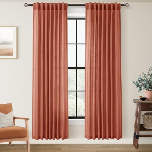 80 inch Linen Terracotta Curtains 2 Panels for Living Room Back Tab Light Filtering Semi Sheer Rust Colored 80 inches Long Soft Thick Cotton Cloth Textured Rustic Boho Farmhouse Room Decor (Terracotta / 52"W x 80"L (Pack of 2))