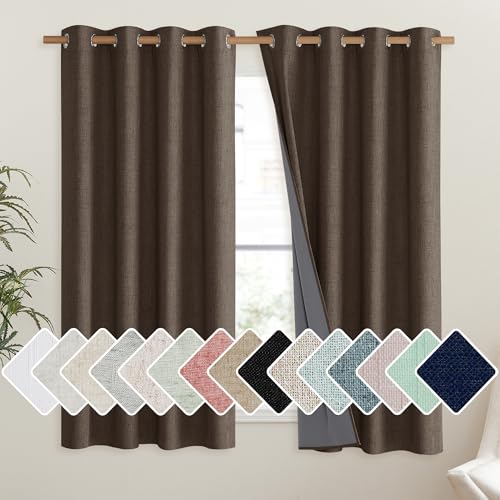 Coffee Vintage Linen 100% Blackout Curtains for Living Room (52"W x 63"L (Pack of 2) / Coffee)