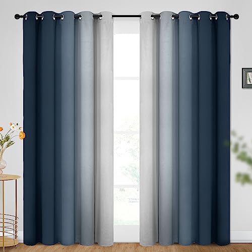 Ombre Navy Blue to Grey White Curtains for Living Room 62Wx84L (62"W x 84"L (Pack of 2) / Navy Blue)