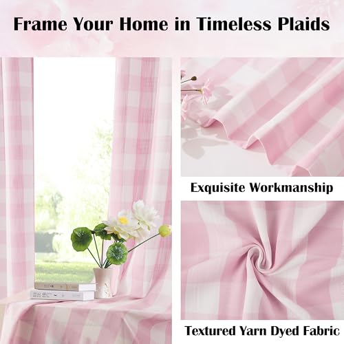 63 Inch Pink White Buffalo Plaid Semi Sheer Curtains (Pink/White / 52"W x 63"L (Pack of 2))