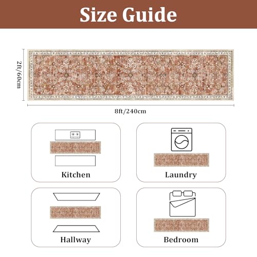 2x8 Washable Hallway Runner Rug Non Slip Floral Carpet (Brick-red / 2' x 8')