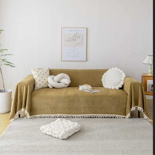 Couch Covers for Pets Boho Mustard Yellow Love Seat Couch Covers Brown Sofa Cover for Dogs Pet Couch Protector Chenille Tassel Sofa Slipcovers Sofa Throw Cover Boho Decor (91" x 118" / Tassel Ball: Mustard)