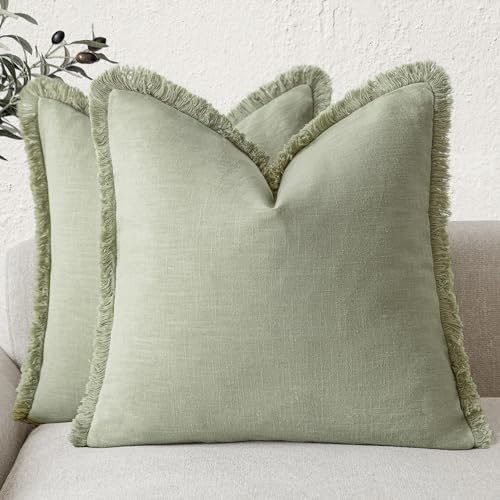 Decorative Linen Fringe Throw Pillow Covers 18×18 Light Green (18" x 18" (Pack of 2) / Seeding Green)