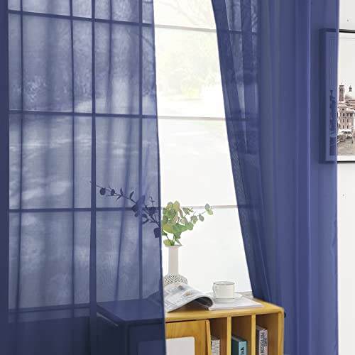 Sheer Voile Window Treatment Rod Pocket Curtain Panels for Kitchen Bedroom Living Room Drapes Sunlight Filtering Privacy Semi Home Decor Assorted Colors Sizes (Navy / 52"W x 84"L (Pack of 2))