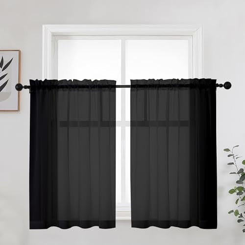 Short Black Sheer Curtains 36 Inches 2 Panels Set (Black / 42"W x 36"L (Pack of 2))
