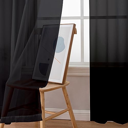 Rod Pocket Top Solid Voile Sheer Curtains for Bedroom (Black / 42"W x 54"L (Pack of 2))