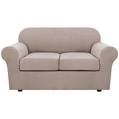 3 Piece Stretch Sofa Covers for 2 Cushion Loveseat Couch Covers for Living Room Furniture Cover (Medium / Sand)