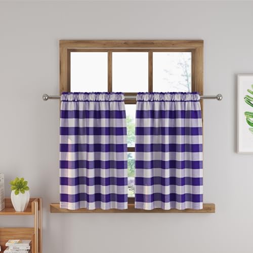 Short Christmas Curtains For Windows Treatment Buffalo Check Plaid Valances Gingham 2 Pack Tiers Rod Pocket Purple and white Decor Over Sink For Kitchen (34"W x 36"L (Pack of 2) / Purple and White)