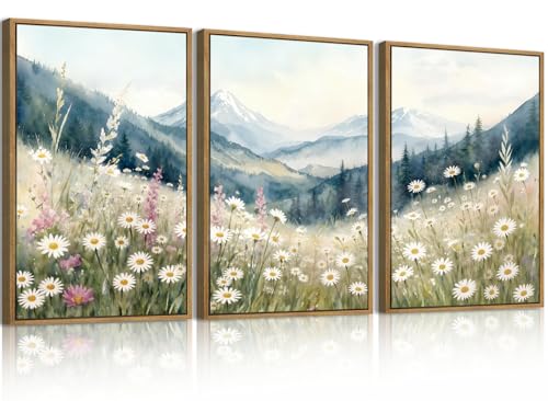 Misty Spring Daisy Mountain Framed Canvas Wall Art Set (Misty Spring Field Wall Art / 16"L x 24"W)