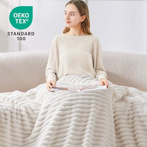 Ribbed Fleece Throw Blanket for Couch (Cream / Throw XL(50"x70"))