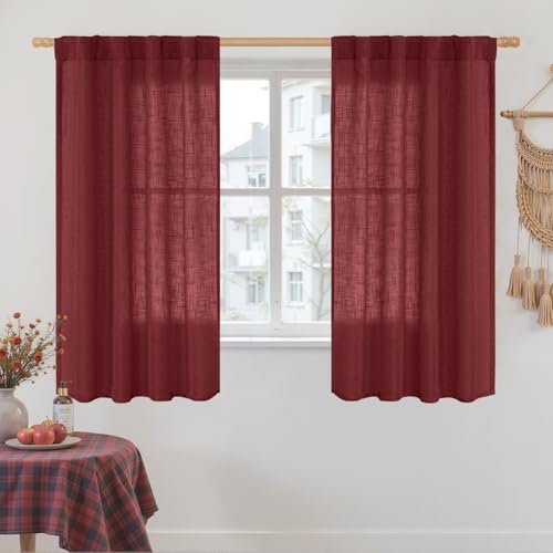 54 Inch Semi Sheer Window Linen Curtains (Burgundy Red / 34"W x 54"L (Pack of 2))