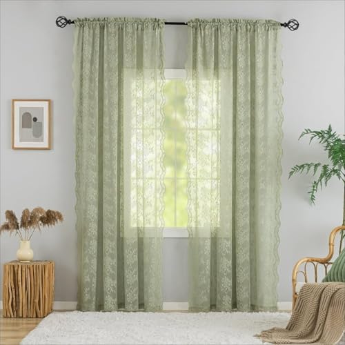 Vintage Lace Curtains 120 Inch Length (Sage Green / 52"W x 120"L (Pack of 2))