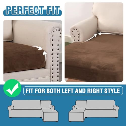 Velvet Stretch Sectional Couch Covers 4 Pieces Sofa Seat Cushion Covers L Shape Separate Cushion Couch Chaise Cover for Both Left (Caramel Cafe / 3 Seater + Chaise)