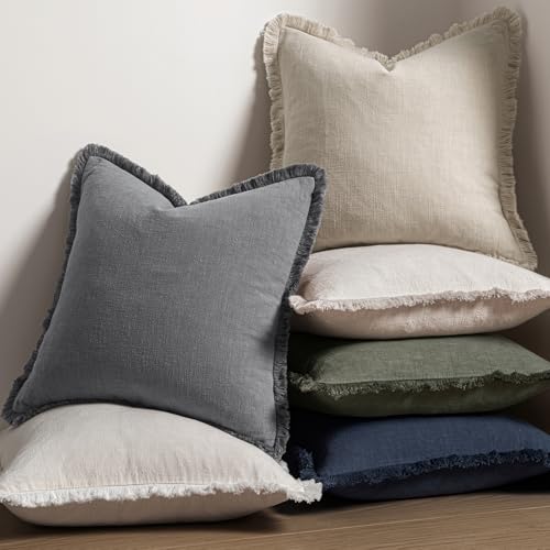 Boho Linen Fringe Decorative Throw Pillow Covers Grey 18x18 (18" x 18" (Pack of 2) / Grey)