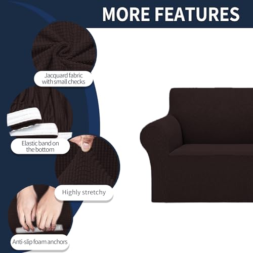 2026 New Stretch Sofa Slipcovers Couch Cover for 3 Cushion Furniture Protector Sofa Covers with Elastic Bottom Jacquard Fabric Small Checks for Pets (Chocolate / Sofa)