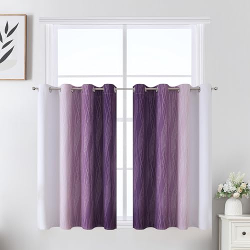 Purple and Greyish White Ombre Blackout Curtains for Bedroom 36 Inches Long (Purple and Greyish White / 52"W x 36"L (Pack of 2))