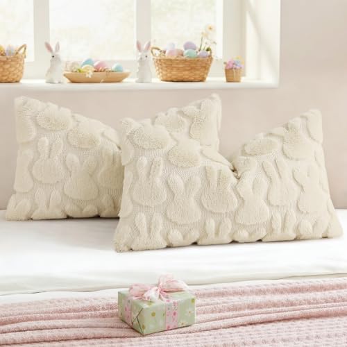 Beige Faux Fur Bunny Throw Pillow Covers 12x20 Set of 2 (20" x 12" (Pack of 2) / Rabbits Beige)