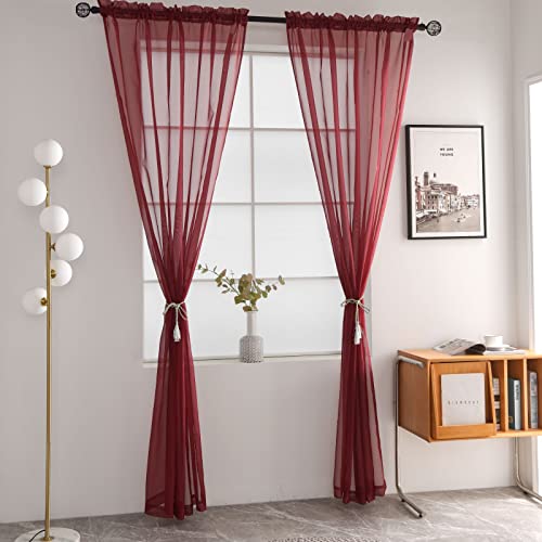 Basic Rod Pocket Sheer Voile Window Curtain Panels Burgundy 1 Pair 2 Panels 52 Width 63 Inch Long for Kitchen Bedroom Children Living Room Yard (Burgundy / 52"W x 63"L (Pack of 2))