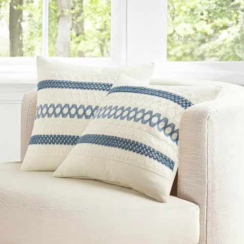 Set of 2 Coastal Blue Boho Decorative Pillow Covers 18x18 Inch (18" x 18" (Pack of 2) / Blue)
