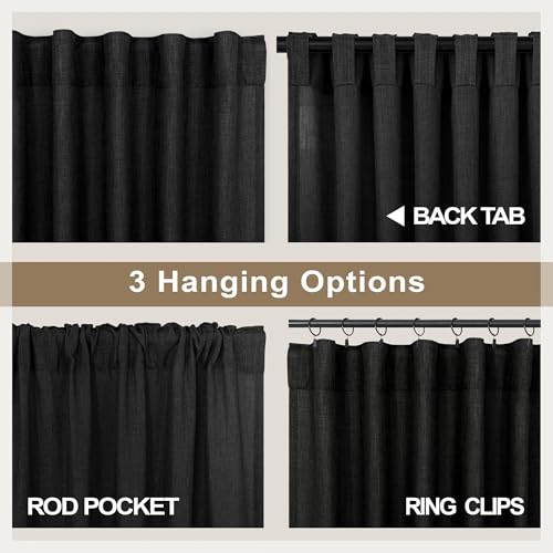 Black Linen Curtains 84 Inch Length for Living Room 2 Panel Back Tab Pocket Muslin Light Filtering Semi Privacy Thick Sheer Floor Length Curtain for Mens Bedroom Man Cave Modern Farmhouse Gothic Decor (52"W x 84"L (Pack of 2) / Black)