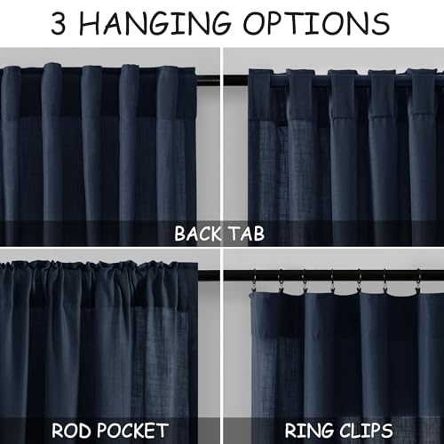 Navy Blue Semi Sheer Curtains 72 Inches Long 2 Panels Set for Bedroom Back Tab Rod Pocket Light Filtering Drapes Cotton Linen Textured Indigo Blue Farmhouse Living Room Curtain 52X72 (52"W x 72"L (Pack of 2) / Navy Blue)