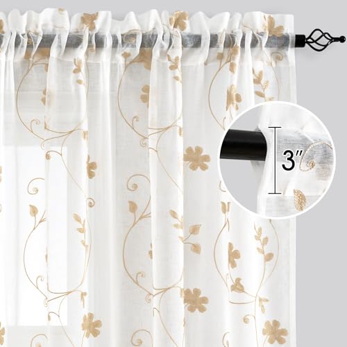 Yellow Sheer Curtains 96 Inches Long 2 Panels Yellow and White Embroidered Floral Pattern Semi Sheer Window Curtains for Bedroom Living Room (52"W x 96"L (Pack of 2) / White & Yellow)
