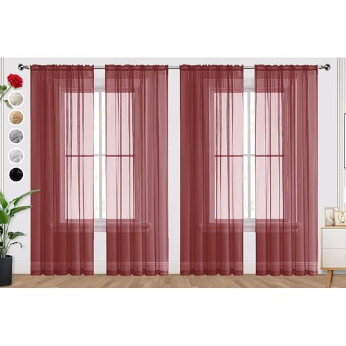 Burgundy Sheer Curtains 4 Panels Rod Pocket Semi (Burgundy / 52"W x 108"L (Pack of 4))