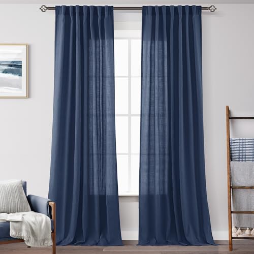 Navy Blue Curtains 96 inch Length for Bedroom Back Tab Light Filtering Semi Sheer Blue Living Room Curtains Linen Cotton Textured Indigo Blue Drapery Panel Modern Farmhouse Aesthetic Decor Dark Blue (Navy Blue / 52"W x 96"L (Pack of 2))