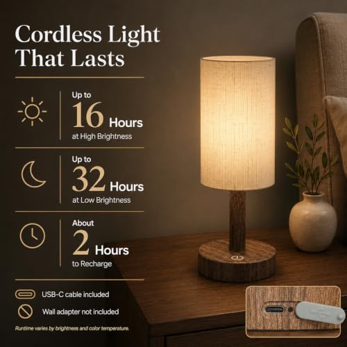 Small Rechargeable Cordless Table Lamp (Dark Walnut / 10.7-Inch,1 Pack)