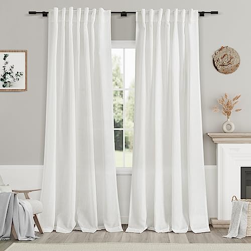 Solid Off White Curtains 96 Inches Long 2 Panels Back Tab Sheer Linen Curtain Modern Farmhouse Coastal Decor White Cotton Textured Gauze Curtains for Patio Sliding Door Office Bedroom (52"W x 96"L (Pack of 2) / Off White)