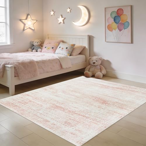 Pink Washable Rugs 4x6 Area Rugs for Living Room (4' x 6' (Rectangular) / Pink-white)
