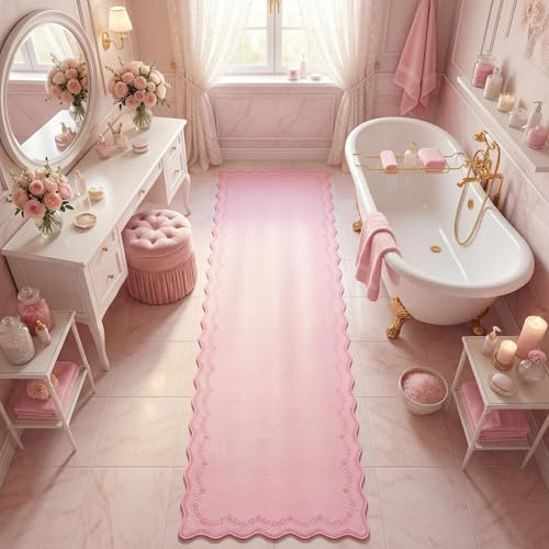 2.5x10 Scalloped Washable Runner Rug Long Hallway Kitchen Rug (Pink / 2'6" x 10' (Rectangular))