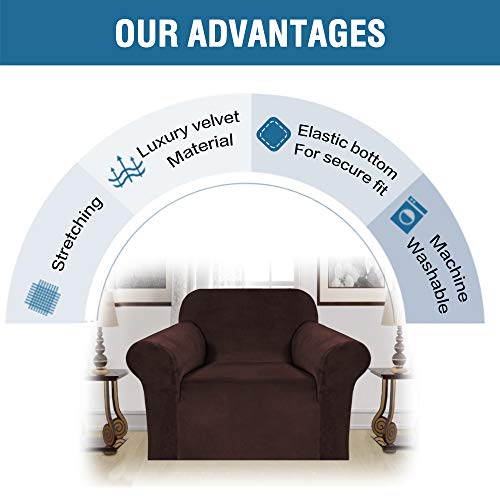 Stretch Velvet Armchair Cover Couch Covers 1 Cushion Chair Slipcover for Living Room Furniture Cover Crafted from Thick Comfy Rich Velour (Chocolate / Armchair)